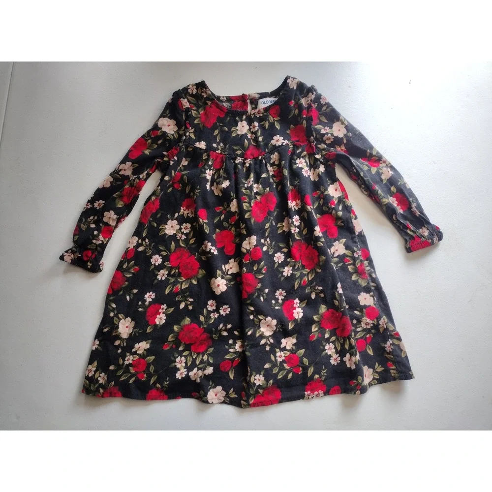 Old Navy Girls 3T Black Red Rose Floral Long Sleeve Empire Waist Jersey Dress